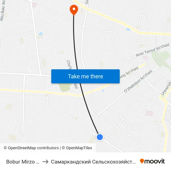 Bobur Mirzo Str., 136 to Самаркандский Сельскохозяйственный Институт map