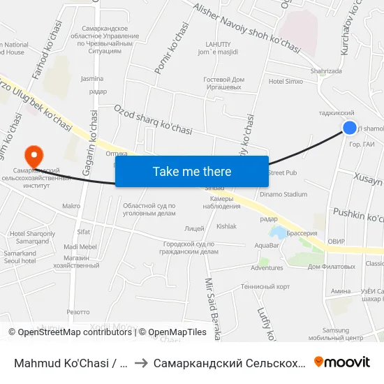 Mahmud Ko'Chasi / Kurchatov Ko'Chasi to Самаркандский Сельскохозяйственный Институт map