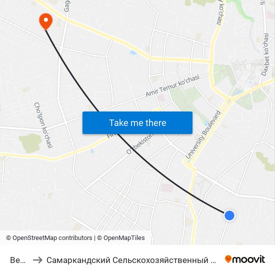 Bekat to Самаркандский Сельскохозяйственный Институт map