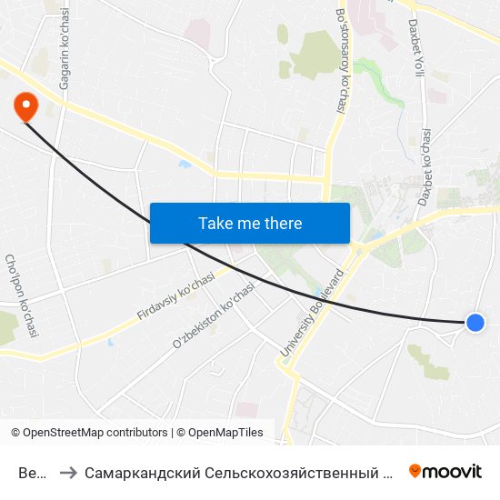 Bekat to Самаркандский Сельскохозяйственный Институт map