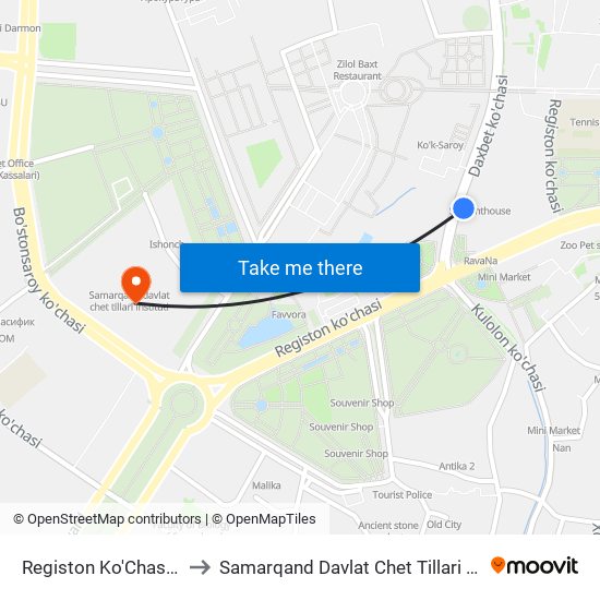 Registon Ko'Chasi, 38a to Samarqand Davlat Chet Tillari Instituti map