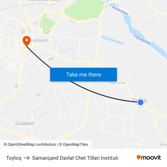Toyloq to Samarqand Davlat Chet Tillari Instituti map
