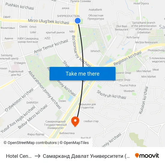 Hotel Central to Самарканд Давлат Университети (Самду) map