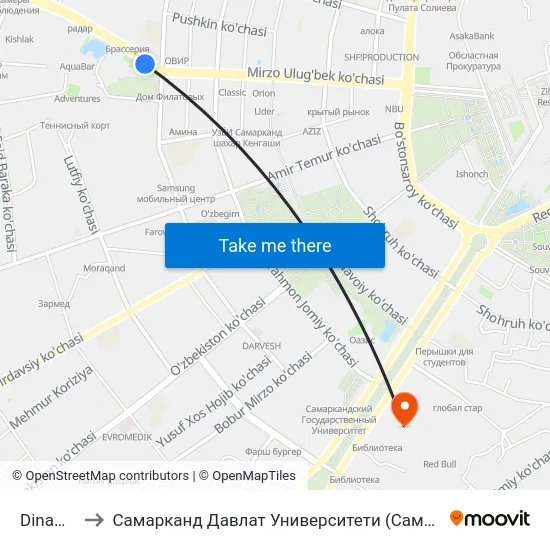 Dinamo to Самарканд Давлат Университети (Самду) map