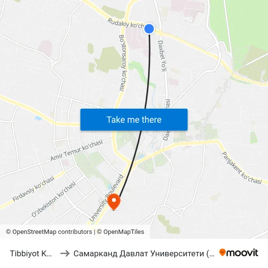 Tibbiyot Kolleji to Самарканд Давлат Университети (Самду) map