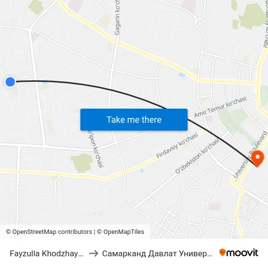 Fayzulla Khodzhayev Street, 4 to Самарканд Давлат Университети (Самду) map