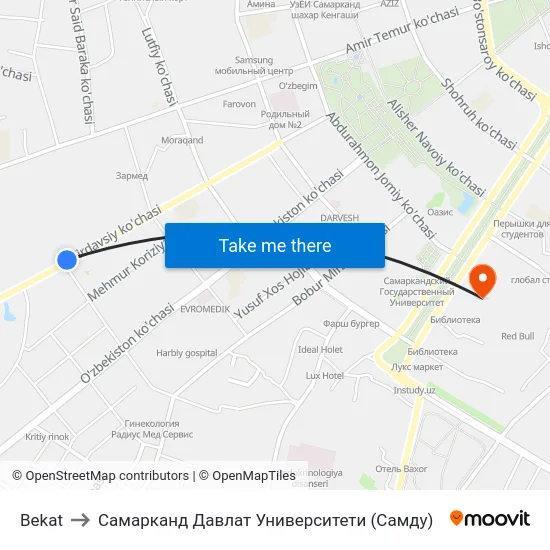 Bekat to Самарканд Давлат Университети (Самду) map