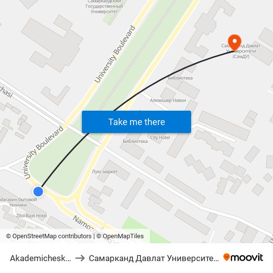 Akademicheskii Licei to Самарканд Давлат Университети (Самду) map