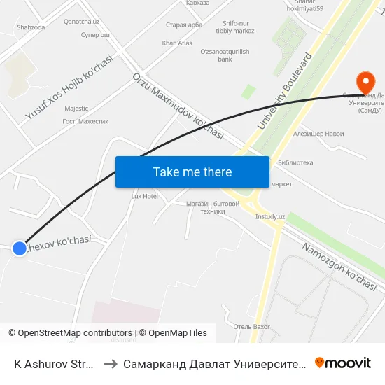 K Ashurov Street, 16 to Самарканд Давлат Университети (Самду) map