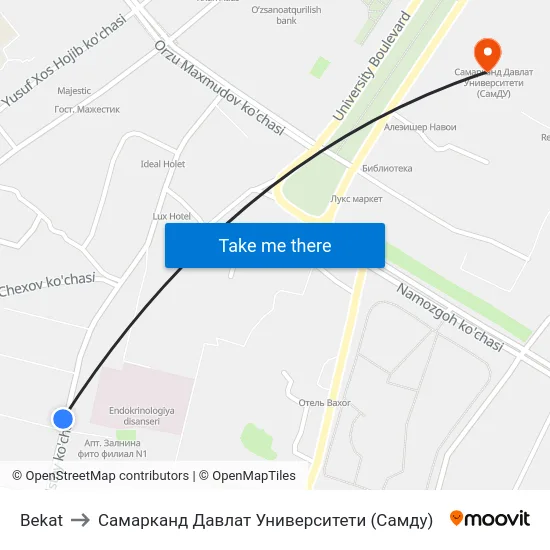 Bekat to Самарканд Давлат Университети (Самду) map