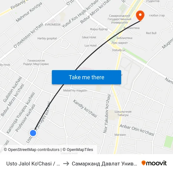 Usto Jalol Ko'Chasi / Turon Ko'Chasi to Самарканд Давлат Университети (Самду) map