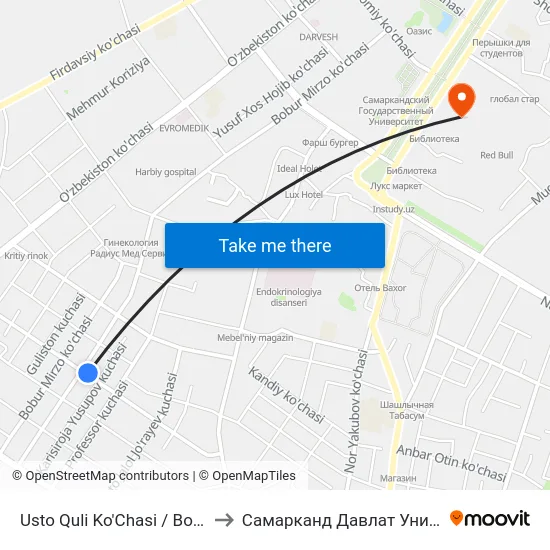Usto Quli Ko'Chasi / Bobur Mirzo Ko'Chasi to Самарканд Давлат Университети (Самду) map