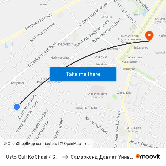 Usto Quli Ko'Chasi / Sohibkor Ko'Chasi to Самарканд Давлат Университети (Самду) map
