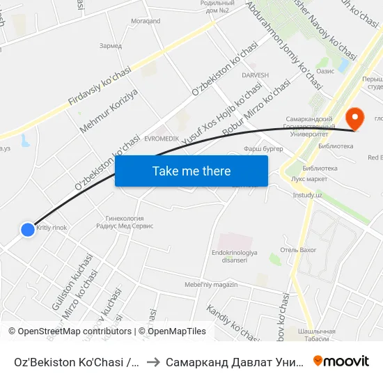 Oz'Bekiston Ko'Chasi / Sakkoki Ko'Chasi to Самарканд Давлат Университети (Самду) map