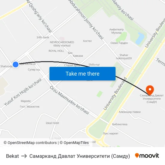 Bekat to Самарканд Давлат Университети (Самду) map