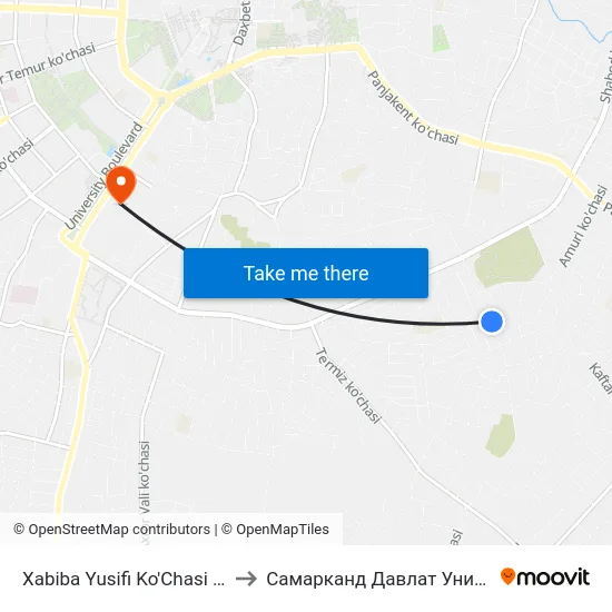 Xabiba Yusifi Ko'Chasi / Tukaev Ko'Chasi to Самарканд Давлат Университети (Самду) map