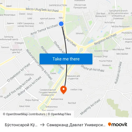 Бўстонсарой Кўчаси, 89 to Самарканд Давлат Университети (Самду) map