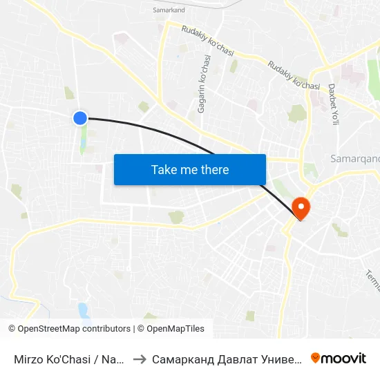 Mirzo Ko'Chasi / Narpay Ko'Chasi to Самарканд Давлат Университети (Самду) map