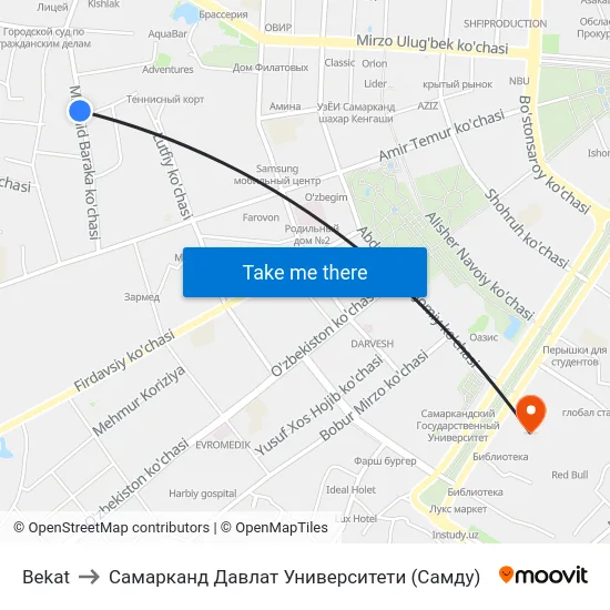 Bekat to Самарканд Давлат Университети (Самду) map