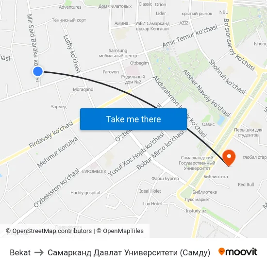 Bekat to Самарканд Давлат Университети (Самду) map