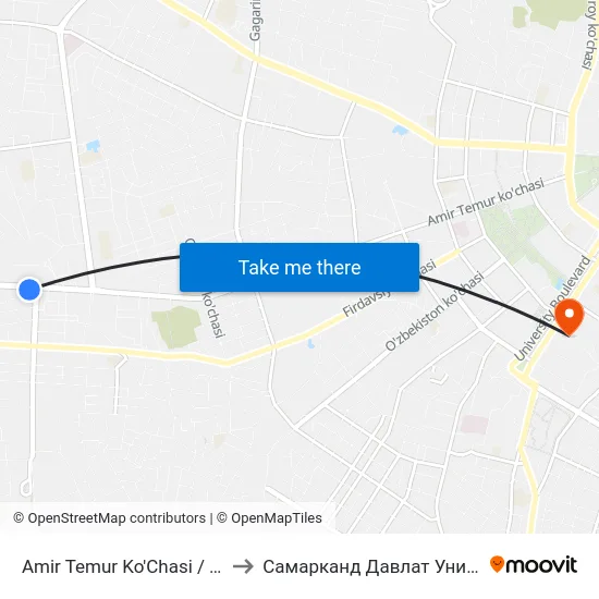Amir Temur Ko'Chasi / Turkiston Ko'Chasi to Самарканд Давлат Университети (Самду) map