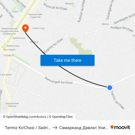 Termiz Ko'Chasi / Sadriddin Ayni Ko'Chasi to Самарканд Давлат Университети (Самду) map