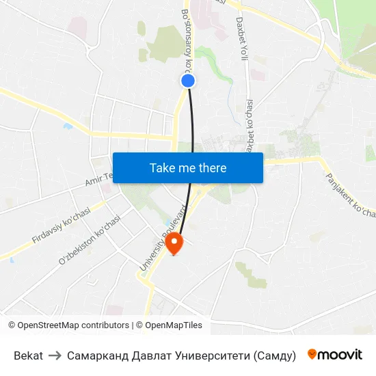 Bekat to Самарканд Давлат Университети (Самду) map