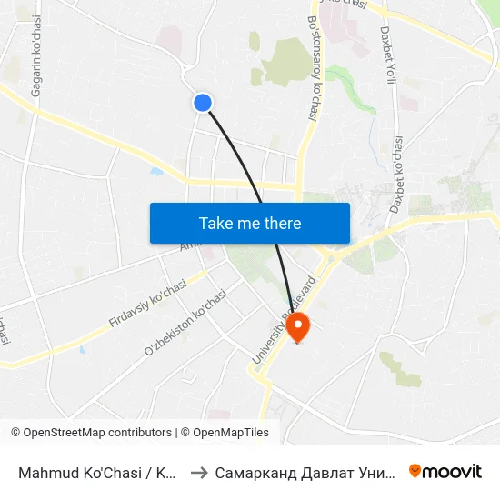 Mahmud Ko'Chasi / Kurchatov Ko'Chasi to Самарканд Давлат Университети (Самду) map