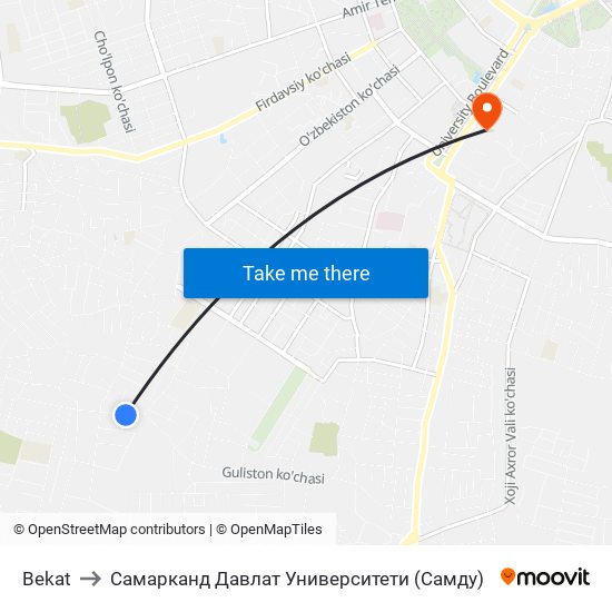 Bekat to Самарканд Давлат Университети (Самду) map