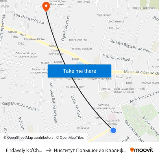 Firdavsiy Ko'Chasi, 7 to Институт Повышение Квалификации map
