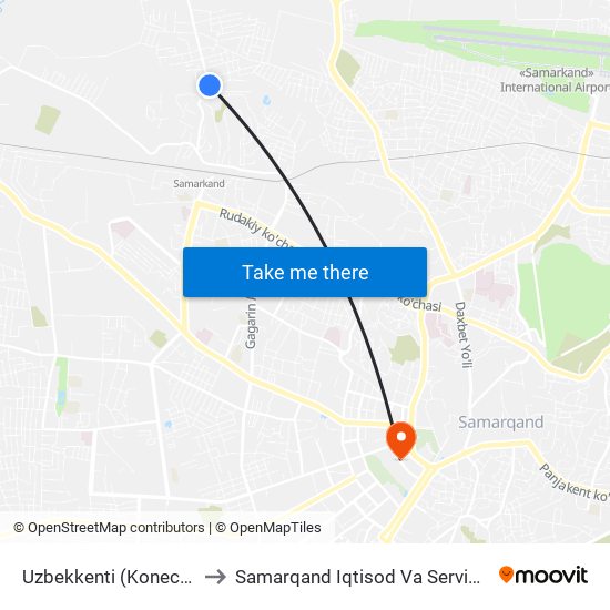 Uzbekkenti (Konechnaya) to Samarqand Iqtisod Va Servis Instituti map