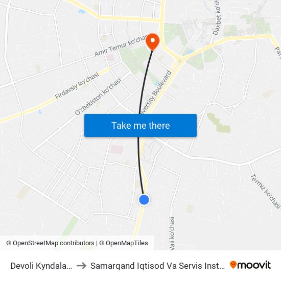 Devoli Kyndalang to Samarqand Iqtisod Va Servis Instituti map