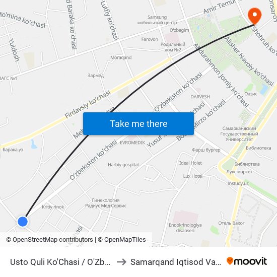 Usto Quli Ko'Chasi / O'Zbekiston Ko'Chasi to Samarqand Iqtisod Va Servis Instituti map