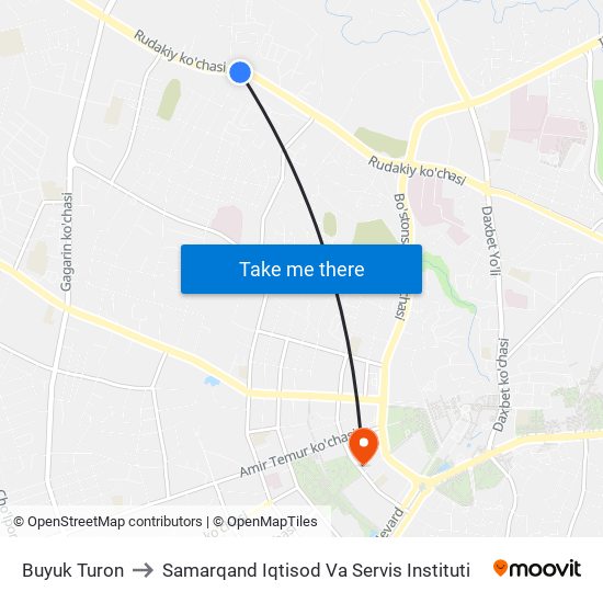 Buyuk Turon to Samarqand Iqtisod Va Servis Instituti map