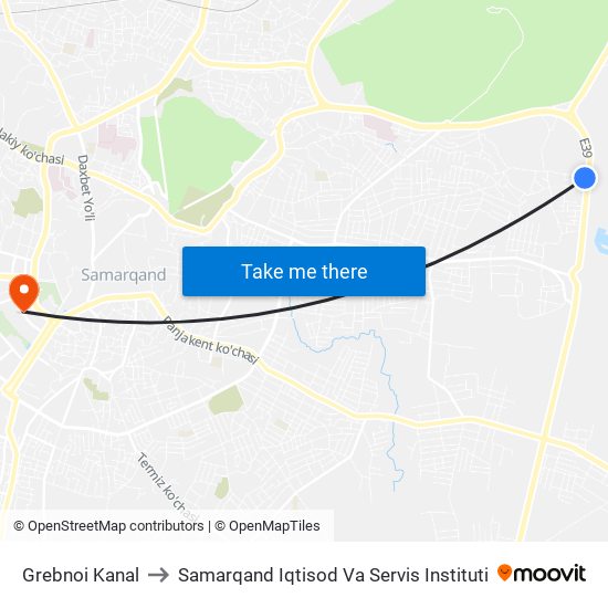 Grebnoi Kanal to Samarqand Iqtisod Va Servis Instituti map