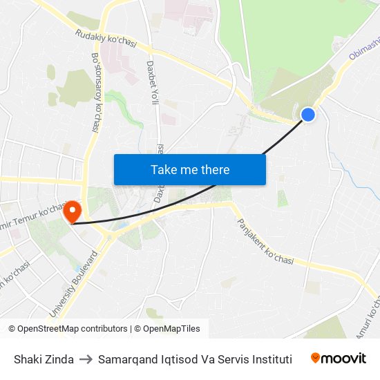Shaki Zinda to Samarqand Iqtisod Va Servis Instituti map