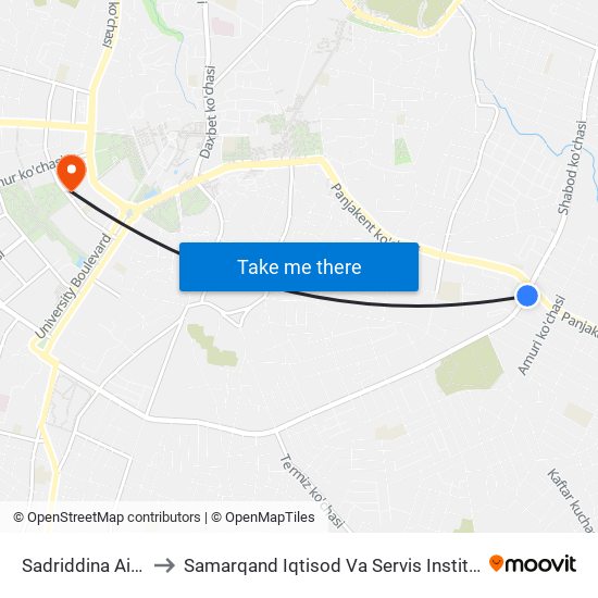 Sadriddina Ainii to Samarqand Iqtisod Va Servis Instituti map