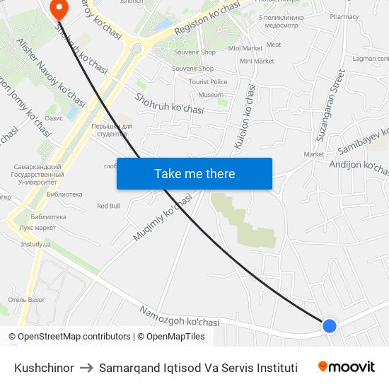 Kushchinor to Samarqand Iqtisod Va Servis Instituti map