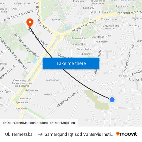 Ul. Termezskaya to Samarqand Iqtisod Va Servis Instituti map