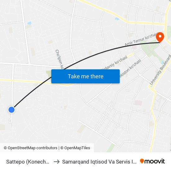 Sattepo (Konechnaya) to Samarqand Iqtisod Va Servis Instituti map