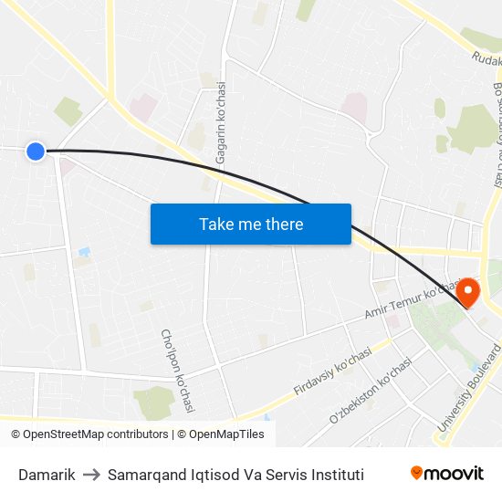 Damarik to Samarqand Iqtisod Va Servis Instituti map