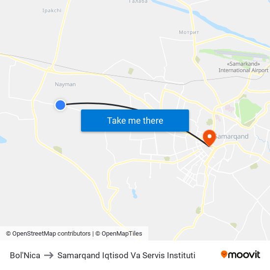 Bol'Nica to Samarqand Iqtisod Va Servis Instituti map