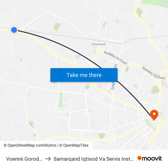 Voennii Gorodok to Samarqand Iqtisod Va Servis Instituti map