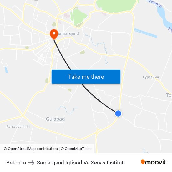 Betonka to Samarqand Iqtisod Va Servis Instituti map