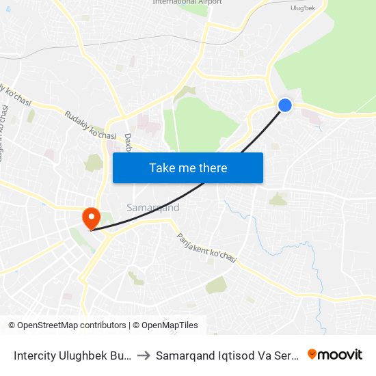 Intercity Ulughbek Bus Station to Samarqand Iqtisod Va Servis Instituti map