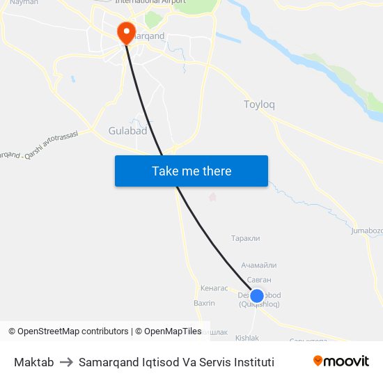 Maktab to Samarqand Iqtisod Va Servis Instituti map