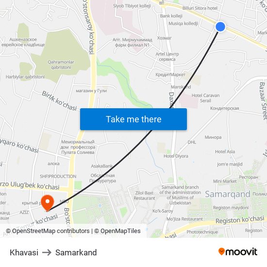 Khavasi to Samarkand map