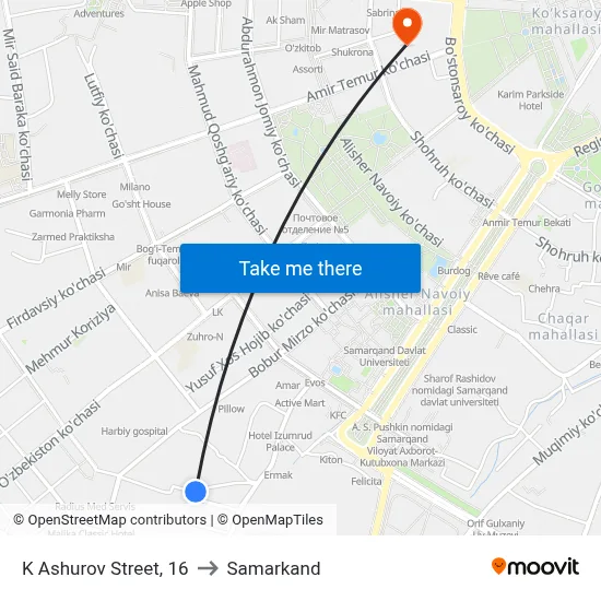 K Ashurov Street, 16 to Samarkand map