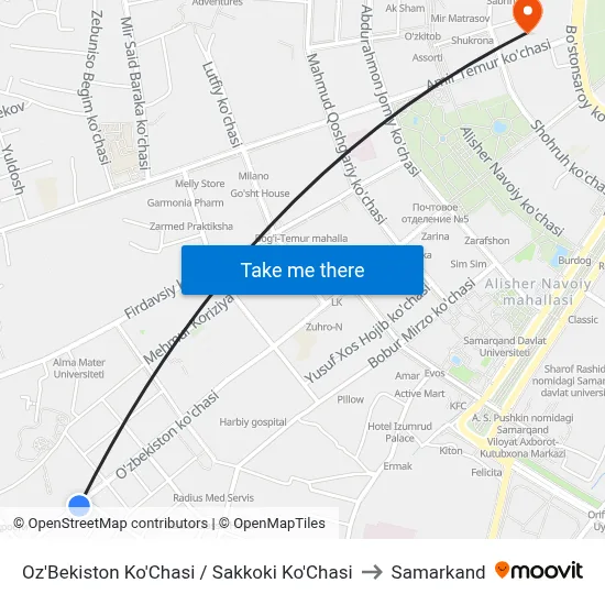 Oz'Bekiston Ko'Chasi / Sakkoki Ko'Chasi to Samarkand map