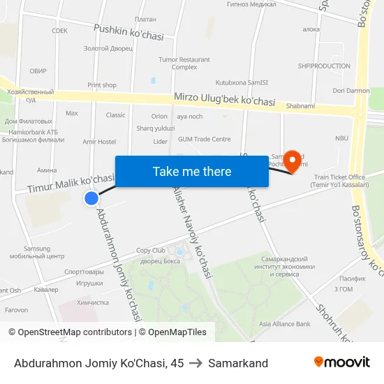 Abdurahmon Jomiy Ko'Chasi, 45 to Samarkand map